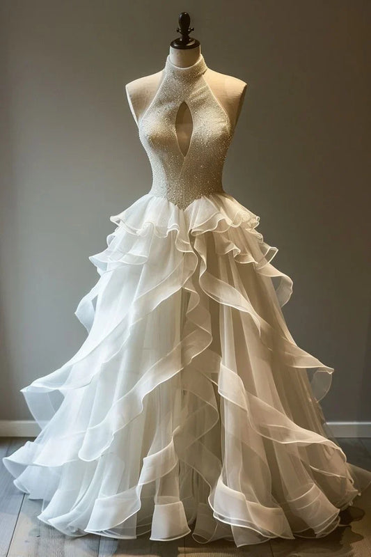 Elegant A Line Halter Ivory Ruffle Tulle Long Prom Dress Evening Dress SH2181