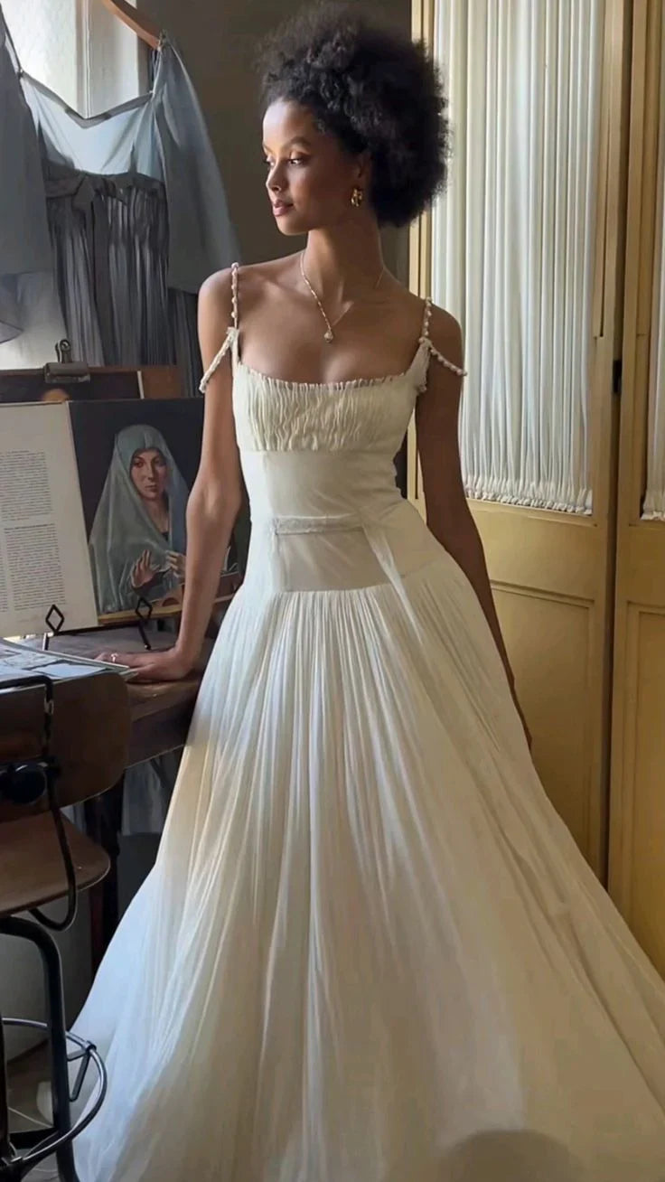 Elegant A Line Spaghetti Strap Ivory Chiffon Long Prom Dress Evening Dress SH2129