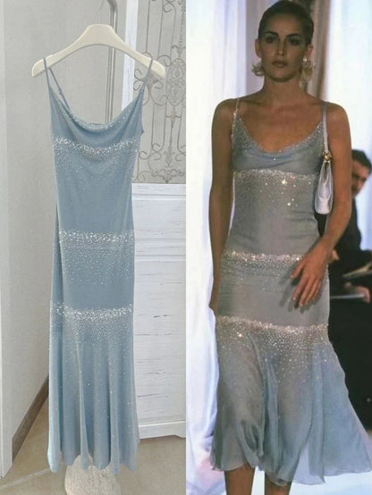 Charming Mermaid Spaghetti Strap Rhinestone Baby Blue Chiffon Prom Dress Evening Dress SH2142
