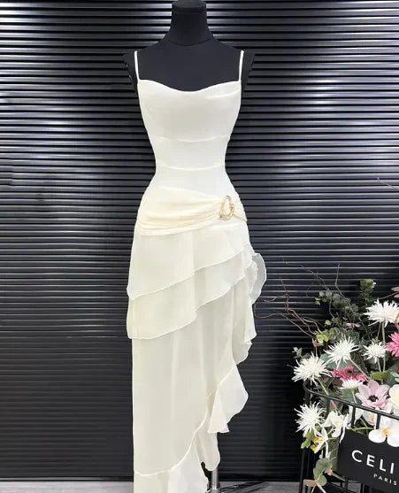 Elegant Sheath Spaghetti Strap Ruffle Ivory Chiffon Prom Dress Evening Dress SH2344