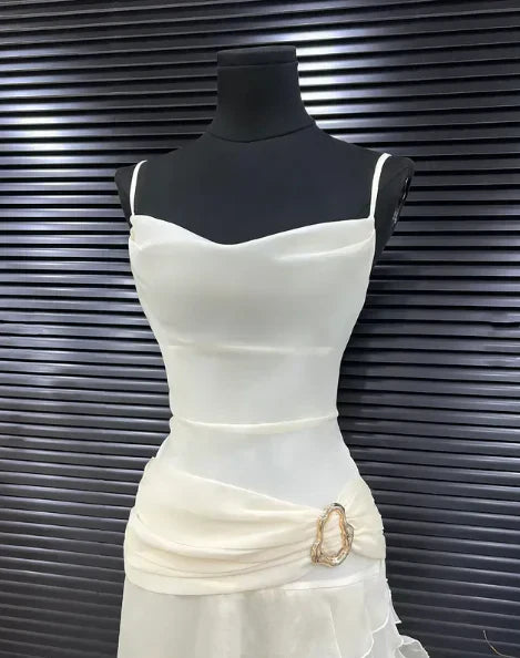 Elegant Sheath Spaghetti Strap Ruffle Ivory Chiffon Prom Dress Evening Dress SH2344