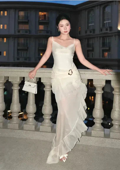 Elegant Sheath Spaghetti Strap Ruffle Ivory Chiffon Prom Dress Evening Dress SH2344