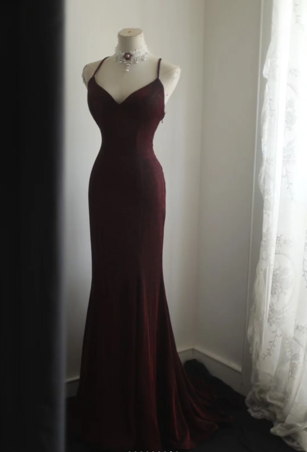 Charming Burgundy Spaghetti Straps Satin Mermaid Long Party Dress Backless Evening Gown D2324