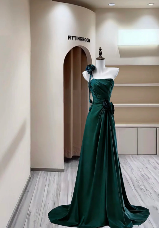 Classy One Shoulder Emerald Green Satin Pleated Mermaid Long Evening Dress Party Gown With 3D Flowers D2394