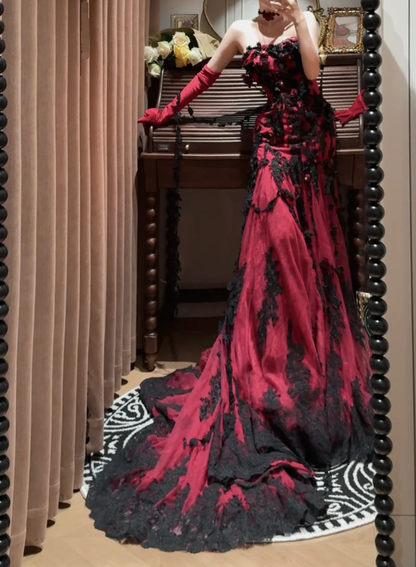 Sexy Burgundy Mermaid Spaghetti Strap Black Lace Tulle Long Prom Dresses SH4633