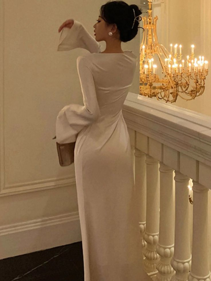 Vintage White Bell Sleeve Ruched Satin Mermaid Prom Dress Evening Dress SH1243