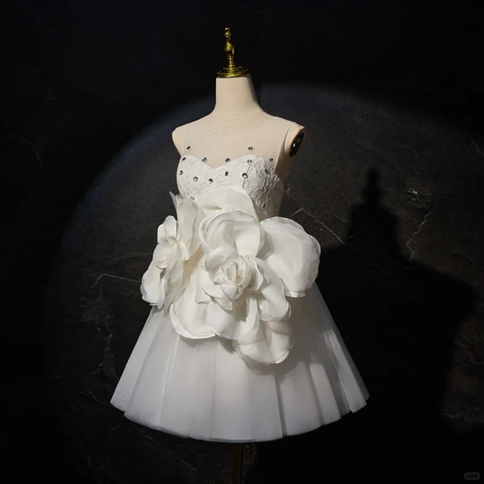 Classy White Tulle Beaded 3D Flowers A Line Short Party Dress 21st Birthday Outfits D594