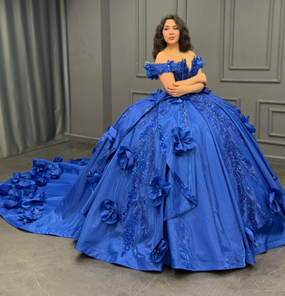 Gorgeous Ball Gown Off the Shoulder Flower Appliques Blue Satin Sweet 16 Dress, Quinceanera Dress SH3040