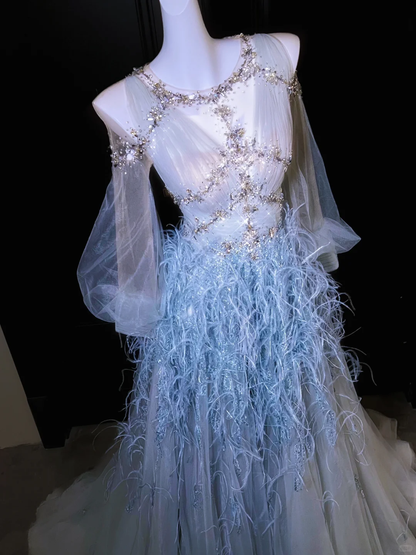 Exquisite Beaded Long Sleeve Blue Feather Tulle Date Dress Evening Dress Prom Dress SH3440