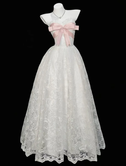 Cute Sweetheart Neck Ball Gown White Satin Lace Formal Birthday Party Dress With Bow D2336