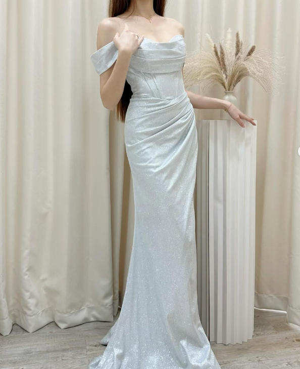Baby Blue A Line Off the Shoulder Sequin Satin Long Prom Dress Graduation Prom Dress SH2452
