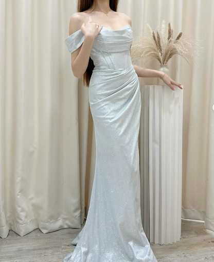Baby Blue A Line Off the Shoulder Sequin Satin Long Prom Dress Graduation Prom Dress SH2452