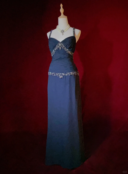 Retro Navy Blue A Line Spaghetti Strap Beaded Appliques Satin Prom Dress Evening Dress SH3332