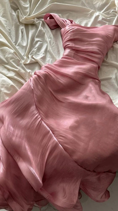 Pretty Sheath Pink Long Ruffles Prom Dresses Formal Evening Dress SD2388
