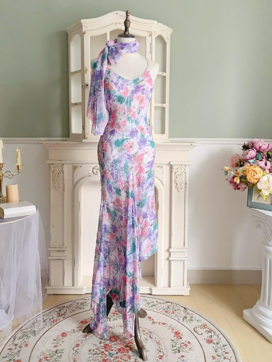 Purple Vintage Mermaid Spaghetti Strap Beaded Print Floral Chiffon Party Dress Prom Dress SH4115