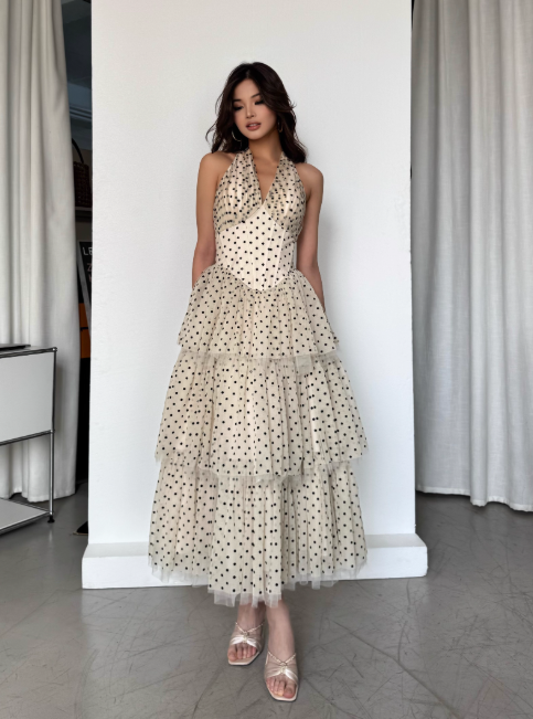 Cute A Line Halter Layered Polka Dot Tulle Party Dress Wedding Guest Dress SH3124