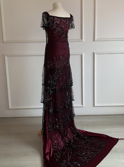 Retro Rose Sheath Straps Beaded Black Tulle Burgundy Satin Long Party Dress Date Dress SH3687