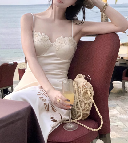 Simple Mermaid Spaghetti Strap Lace Satin Long Party Dress Evening Dress SH3133