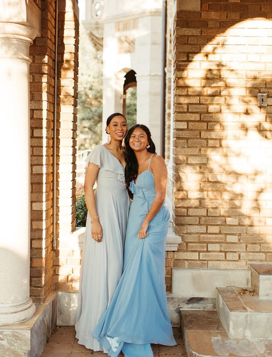 Gentle A Line Ruffle Blue Chiffon Evening Dress Bridesmaid Dress with Slit SH2703