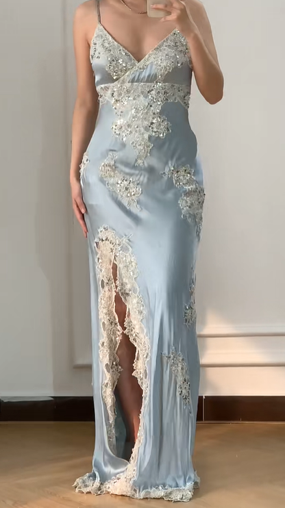 Vintage Sheath Spaghetti Strap Lace Baby Blue Satin Party Dress Evening Dress with Slit SH3346