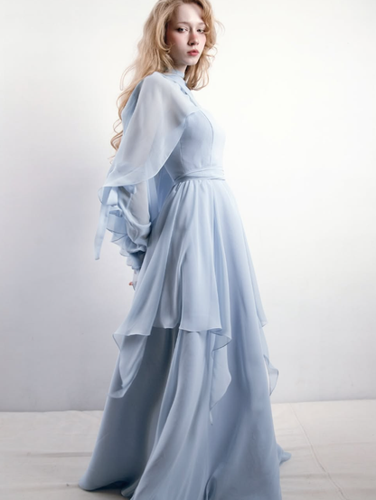 Blue A Line Straps Chiffon Slit Long Prom Dress Evening Dress with Cape SH3319
