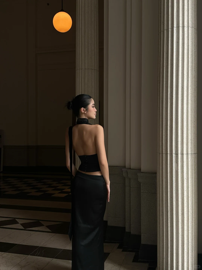 Sexy Two Piece Sheath Halter Black Sequin Satin Prom Dress Evening Dress Formal Gown SH3930
