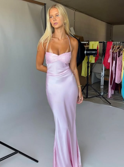 Grape Purple Spaghetti Strap Sequin Satin Open Back Prom Dress Party Dress SH4013