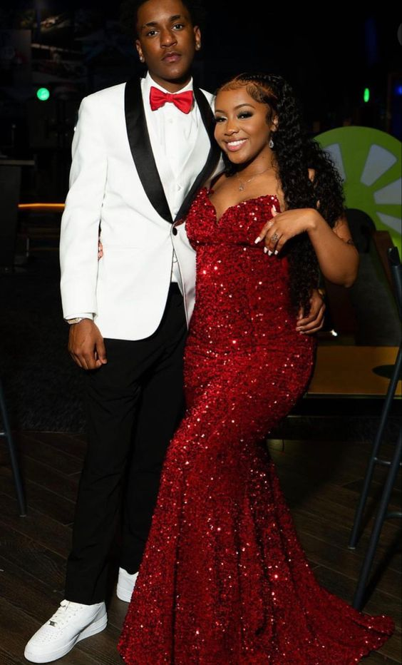 Red Strapless Sequin Mermaid Prom Dress Long Evening Dress SH934