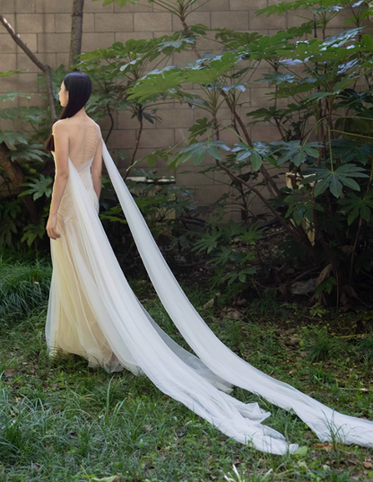 Flowy Simple Ivory A Line Pleated Tulle Long Evening Dress Party Dress SH3484
