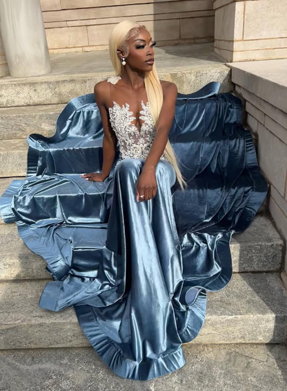 Blue Velvet Appliques Bead Meemaid Long Prom Dress Formal Evening Dress SH975