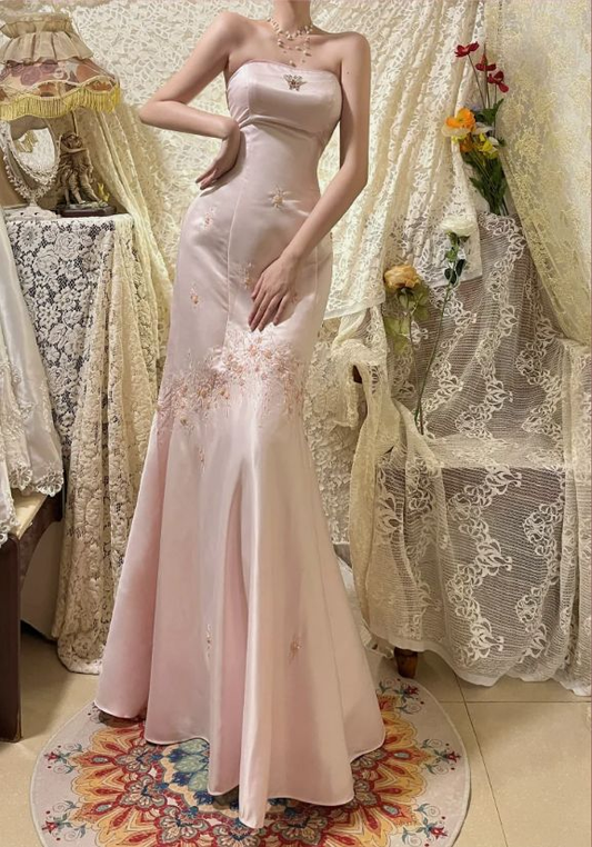 Classy Pink Strapless Satin Sequin Beaded Long Mermaid Evening Dress Party Gown D915
