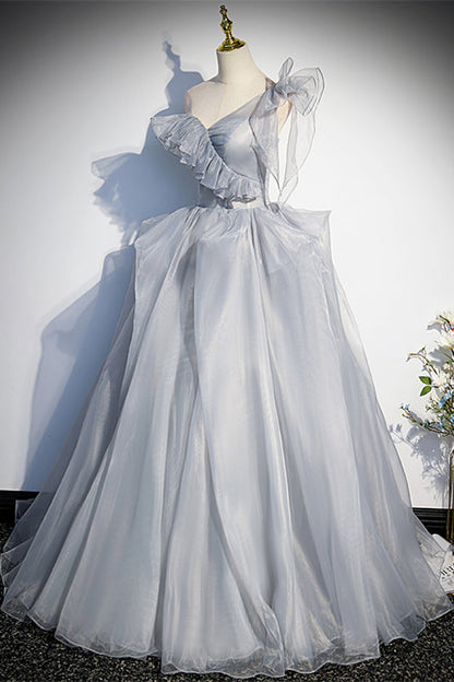 Asymmetrical Straps A-Line Ruffle Lace-Up Long Formal Dress