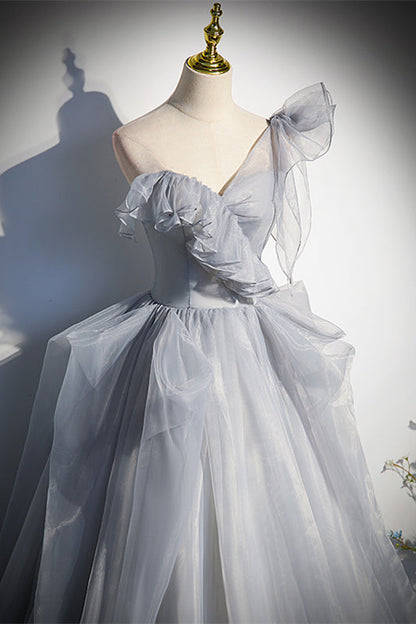 Asymmetrical Straps A-Line Ruffle Lace-Up Long Formal Dress