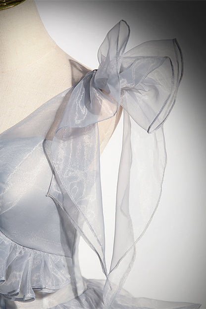 Asymmetrical Straps A-Line Ruffle Lace-Up Long Formal Dress