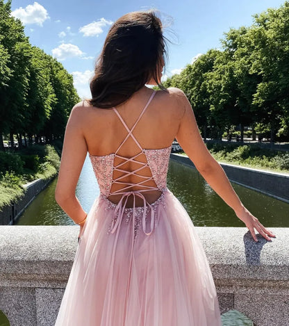 Glitter Tulle A-Line V-Neck Appliques Party Prom Dress