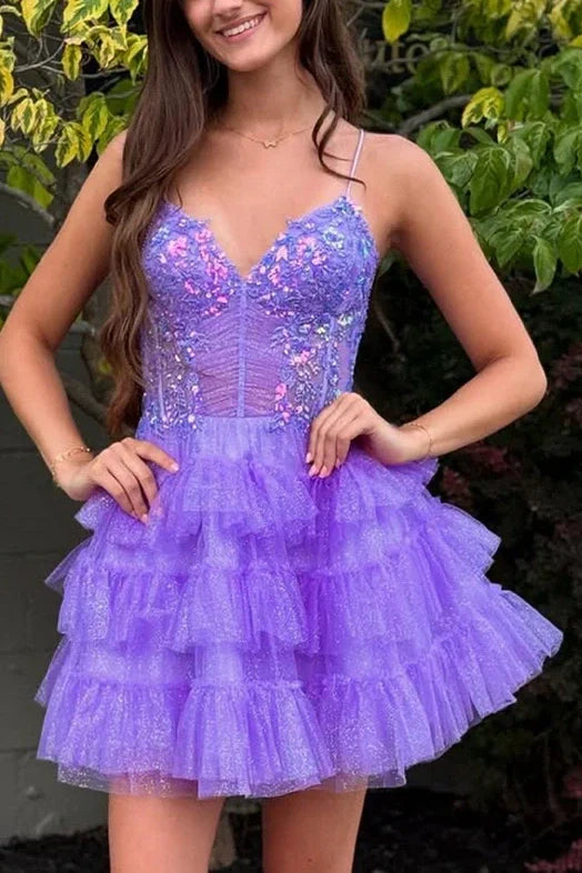 Glitter V-Neck Lace-Up A-Line Appliques Homecoming Dress