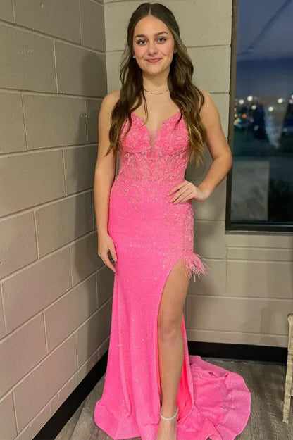 Glitter Fitted V-Neck Spaghetti Straps Appliques With Train Prom Dress