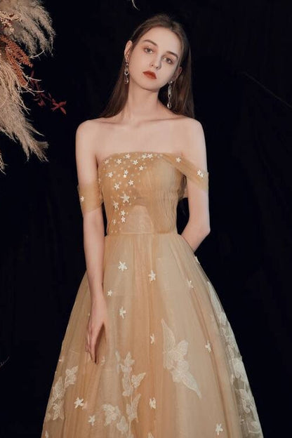 Off-Shoulder Tulle A-Line Appliques Party Prom Dress