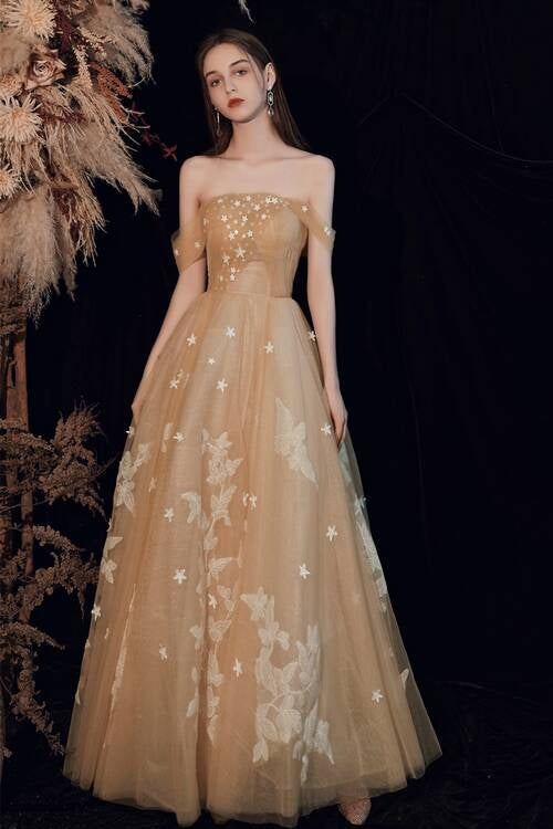 Off-Shoulder Tulle A-Line Appliques Party Prom Dress