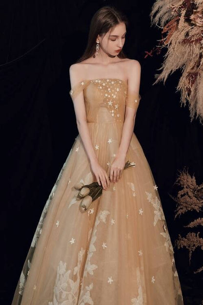 Off-Shoulder Tulle A-Line Appliques Party Prom Dress