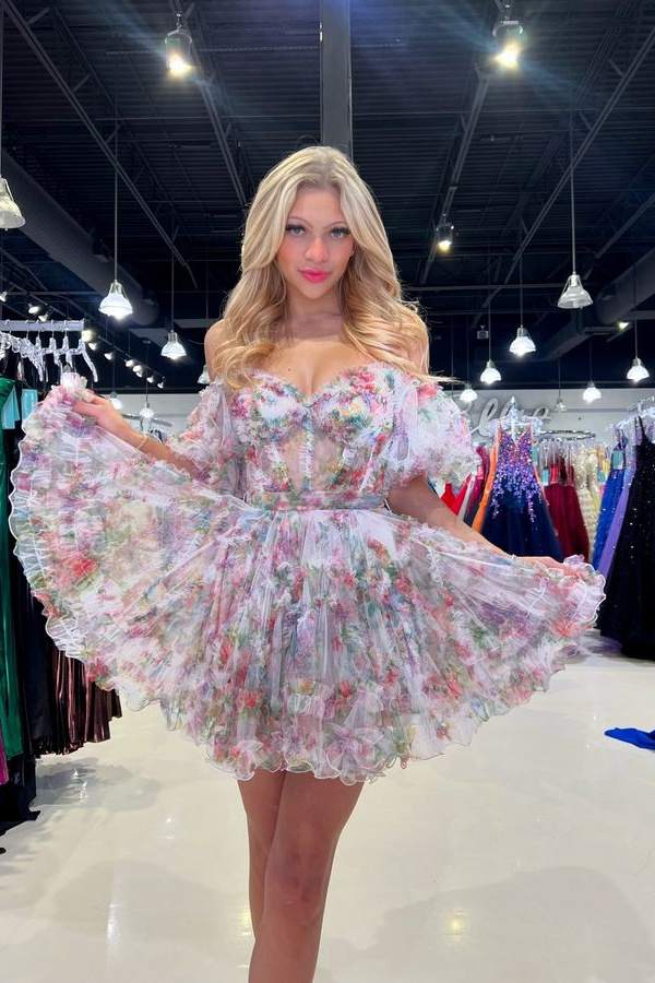 Gorgeous A Line Off the Shoulder Tulle Short Homecoming Dress with Short Sleeves