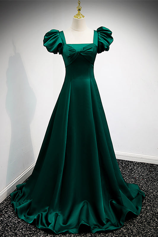 Square Short Sleeves A-Line Satin Party Prom Dress