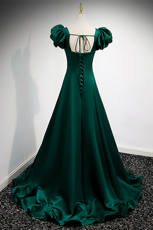 Square Short Sleeves A-Line Satin Party Prom Dress
