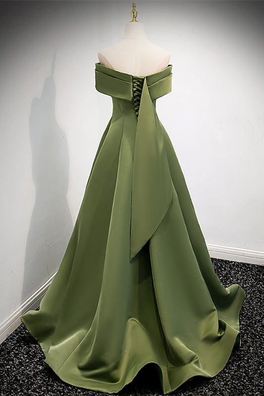 Casual Satin A-Line Off-Shoulder Green Party Evening Dress