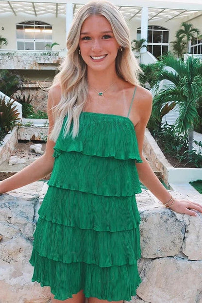 Green Pleated A-Line Spaghetti Straps Tiered Homecoming Dress