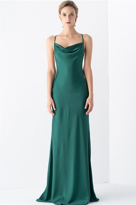 Spaghetti Straps Backless Satin Long Party Evening Dress