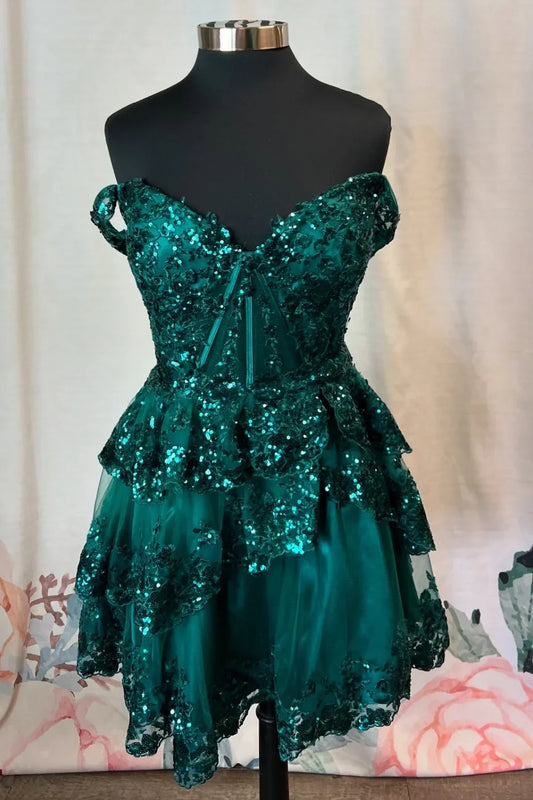 Green Sweetheart Off-Shoulder Lace A-Line Tiered Homecoming Dress