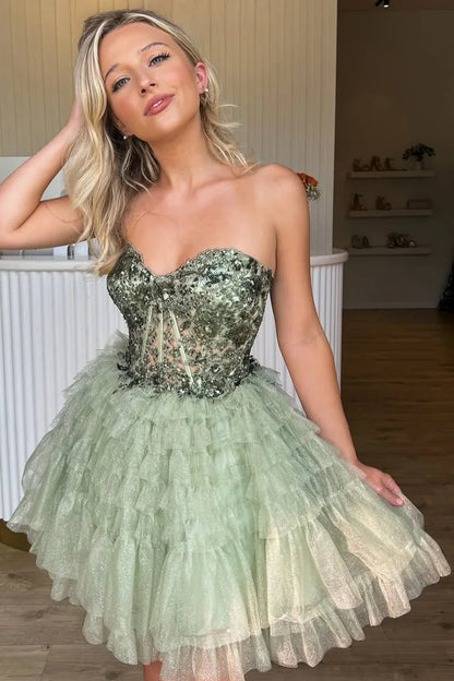 Green Sweetheart Strapless A-Line Empire Ruffle Homecoming Dress
