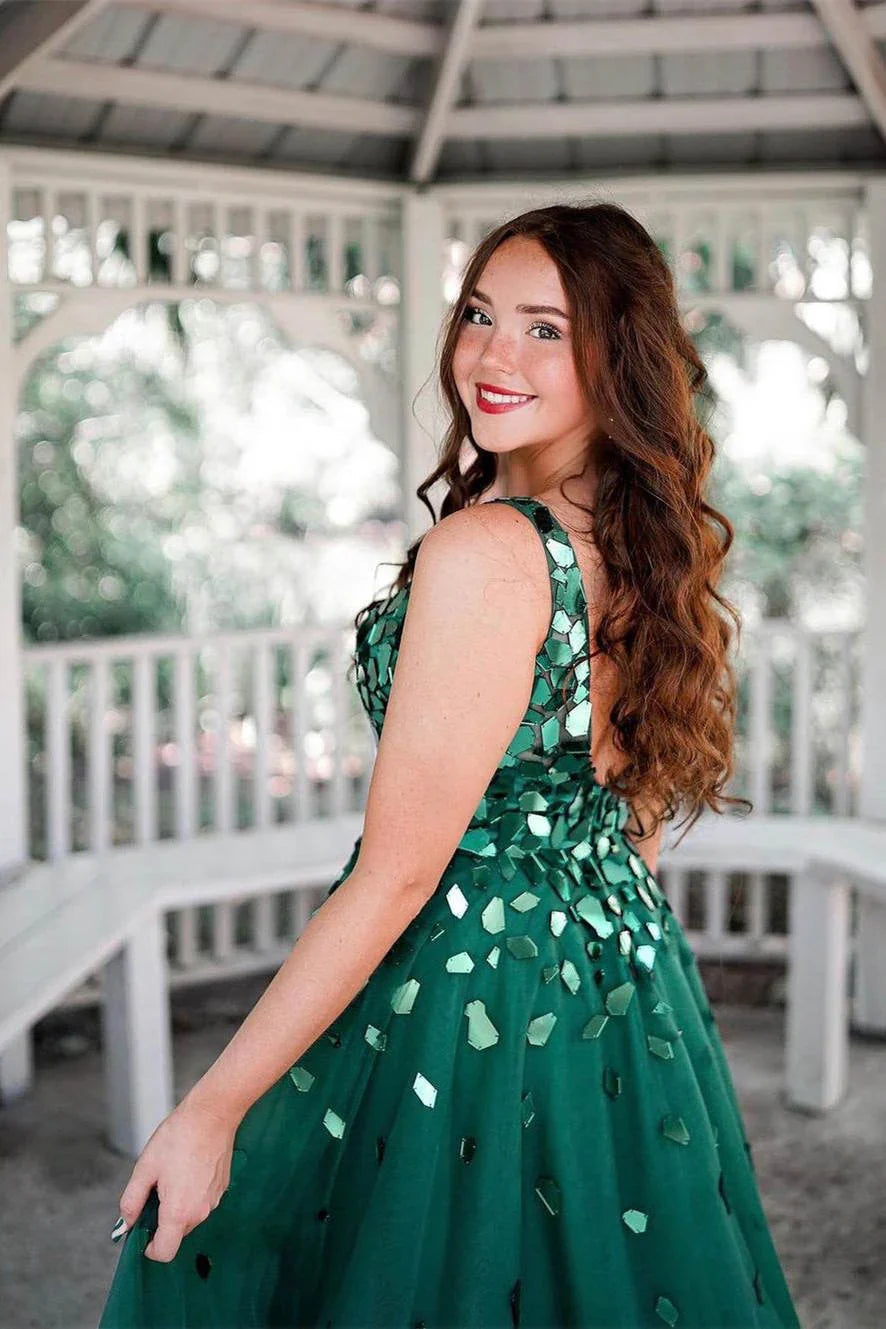 Green Tulle A-Line V-Neck Nackless Empire Beaded Party Prom Dress