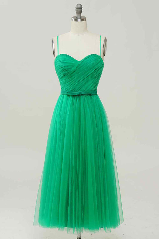 Green A-line Sweetheart Sleeveless Tulle Midi Party Prom Dress